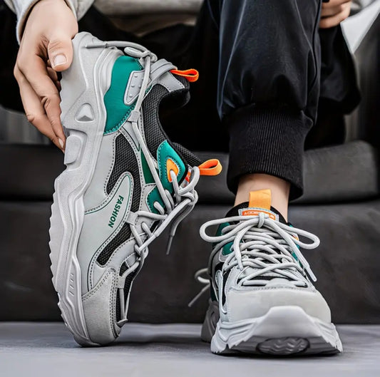 Color-Block Chunky Sneakers – Grey, Teal & Orange