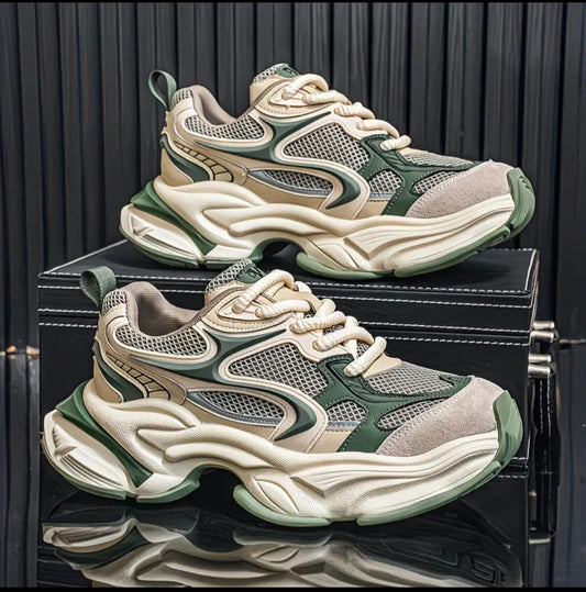 Wavy Sole Chunky Sneakers – Sage Green & Cream Mesh Trainers