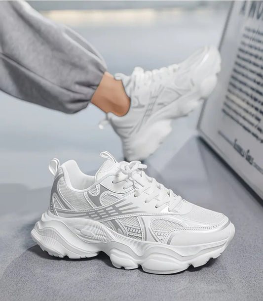 All-White Chunky Mesh Sneakers – Wavy Platform Trainers