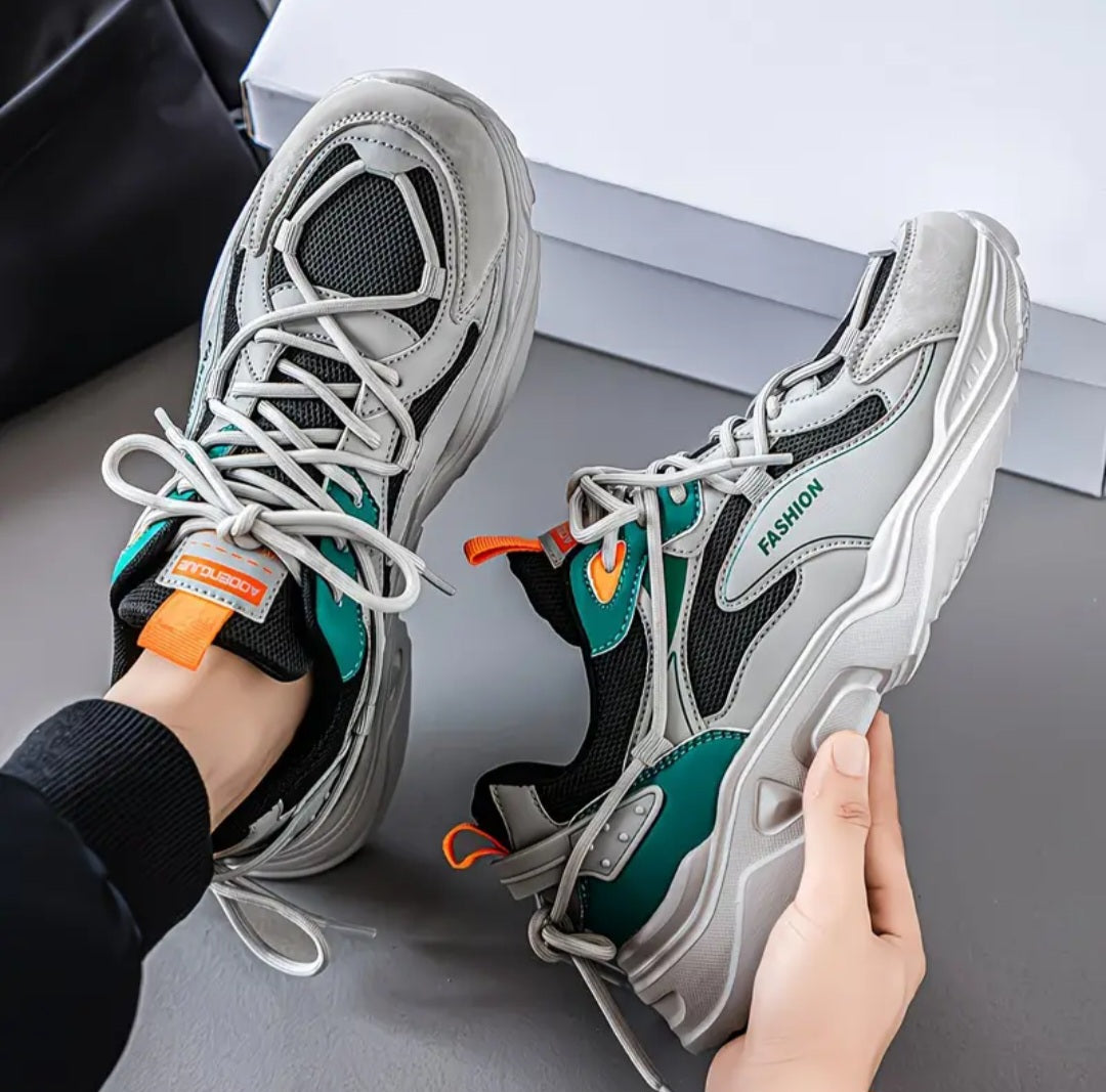 Color-Block Chunky Sneakers – Grey, Teal & Orange