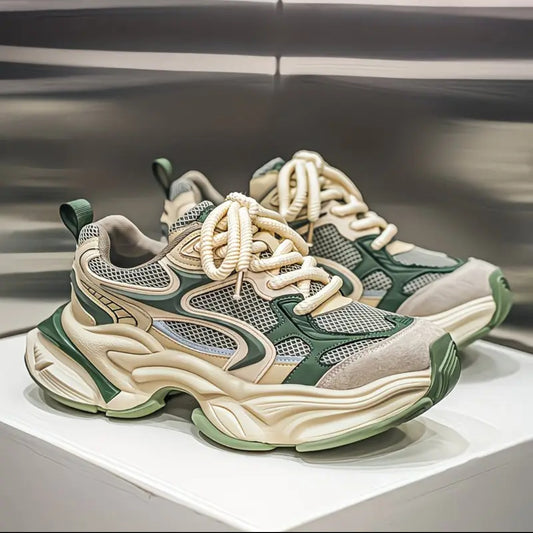 Wavy Sole Chunky Sneakers – Sage Green & Cream Mesh Trainers