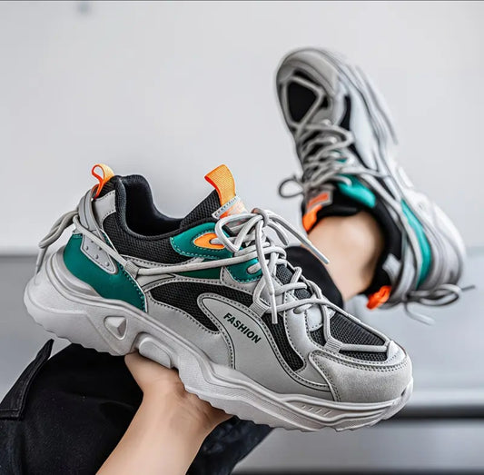 Color-Block Chunky Sneakers – Grey, Teal & Orange