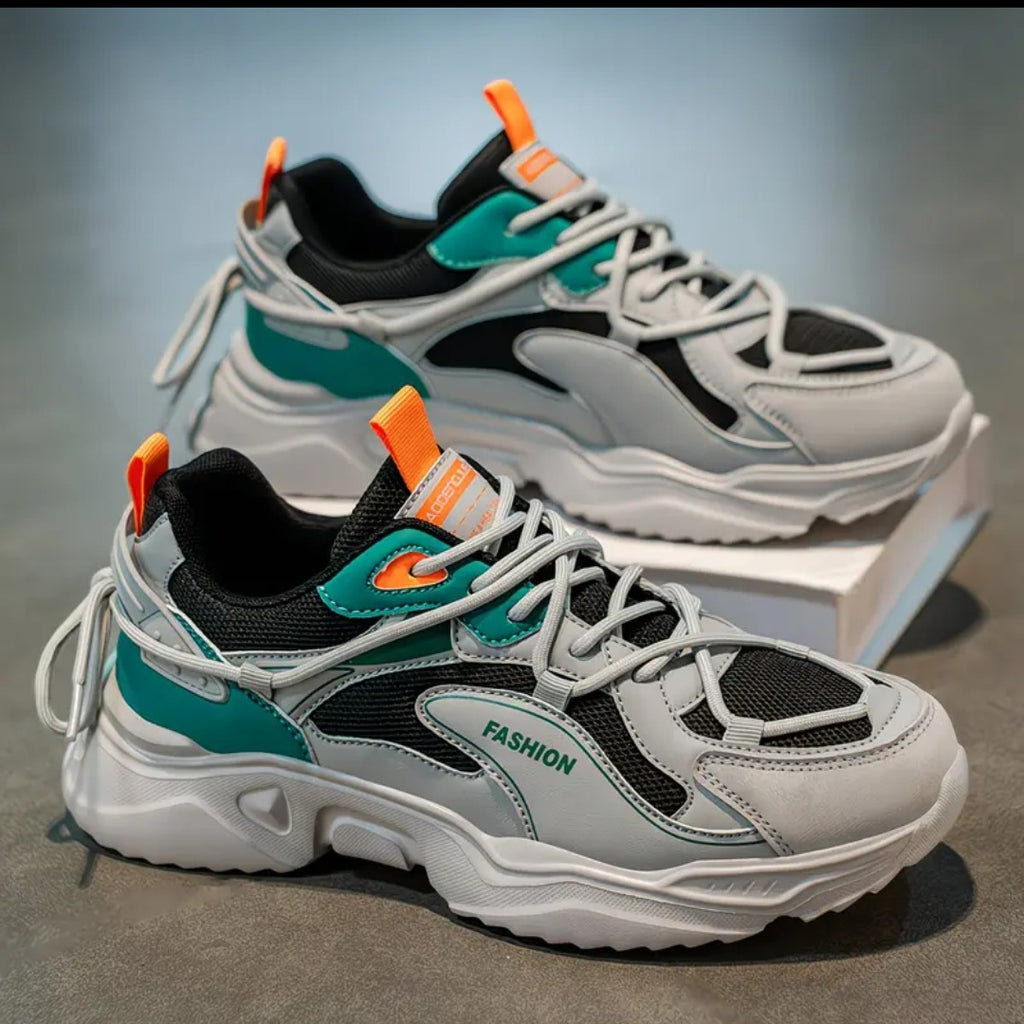 Color-Block Chunky Sneakers – Grey, Teal & Orange