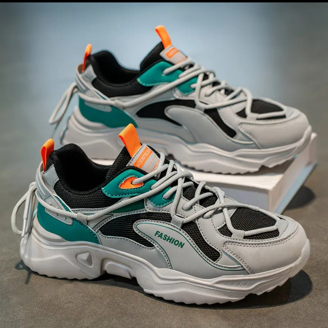 Color-Block Chunky Sneakers – Grey, Teal & Orange