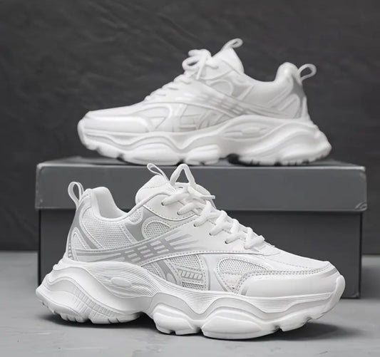 All-White Chunky Mesh Sneakers – Wavy Platform Trainers